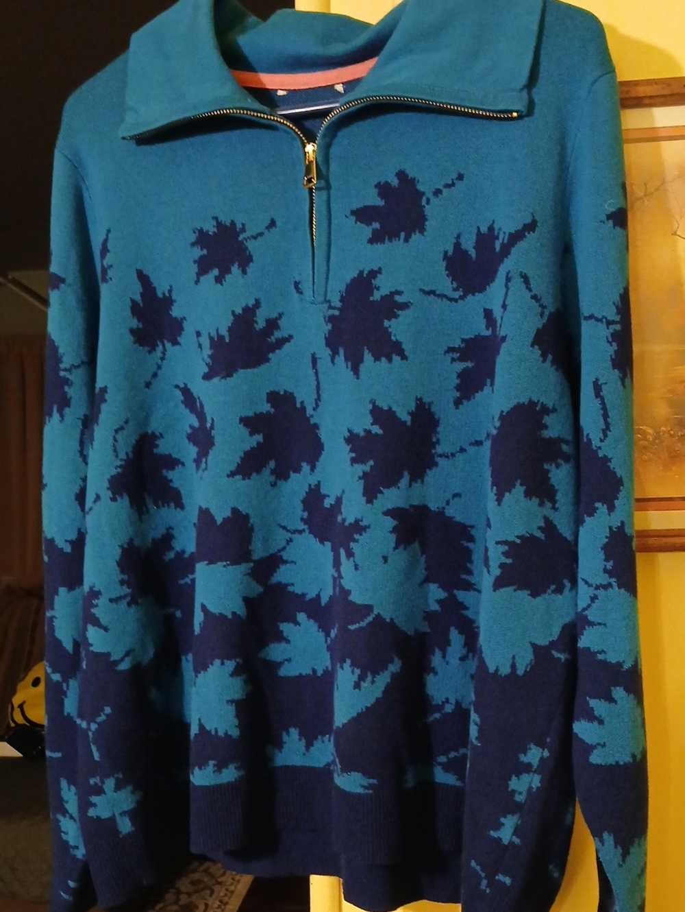 Women's Teal and Navy Half-Zip Sweater - Leaf Pattern